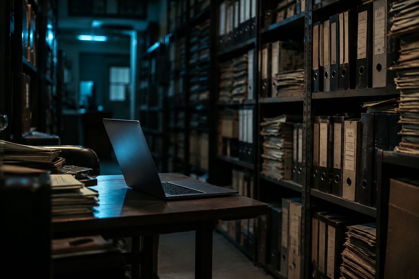 Archivraum mit Ordnern, davor ein aufgeklappter Laptop