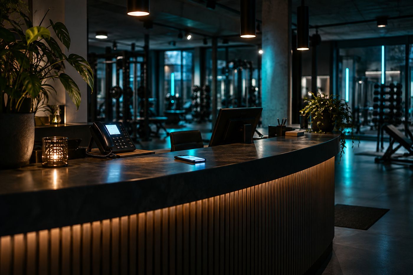 Empfangstresen eines Fitnessstudios am Abend, Telefon und Smartphone auf dem Tresen