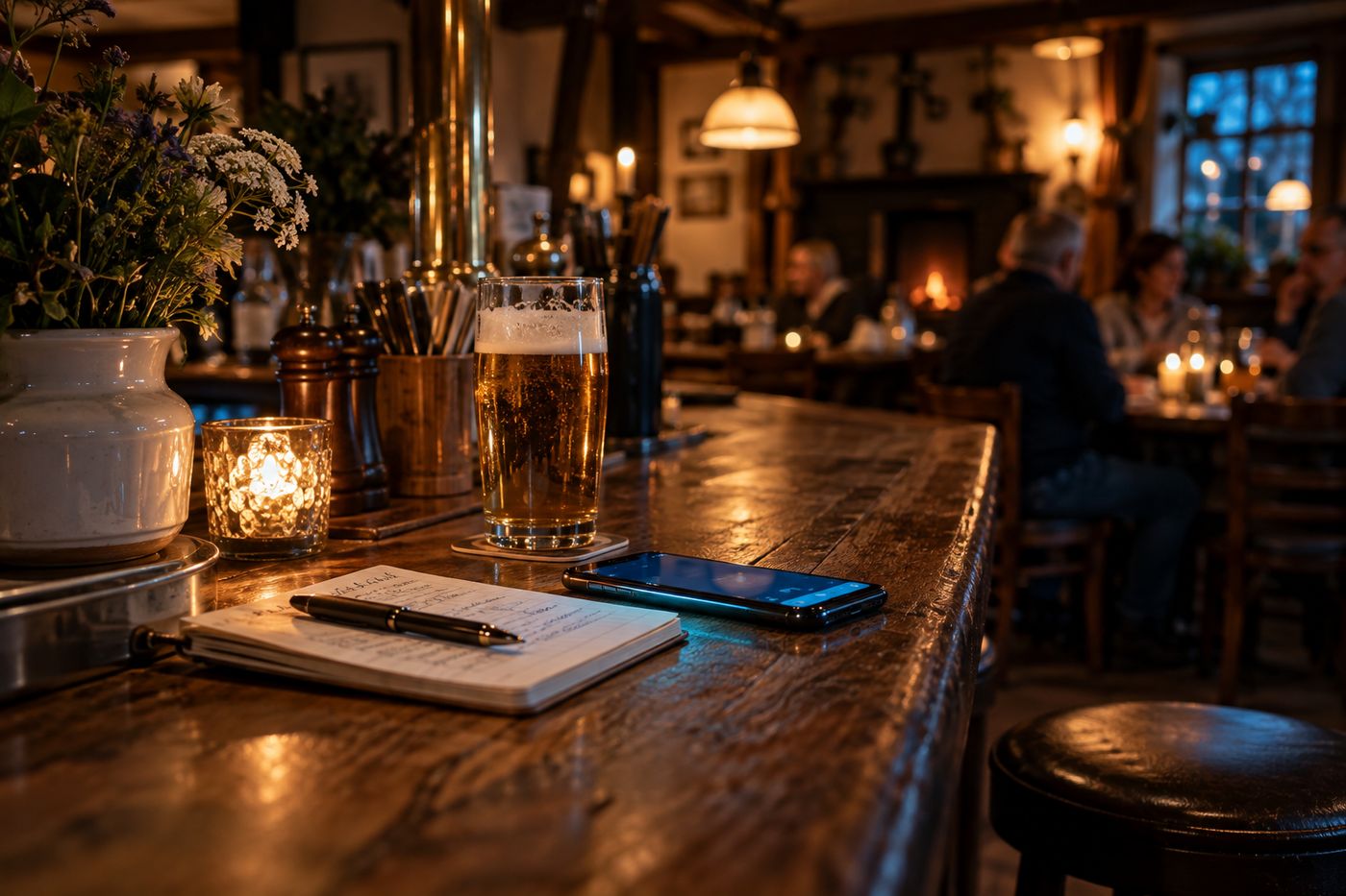Theke eines Landgasthauses am Abend mit Smartphone und Notizblock