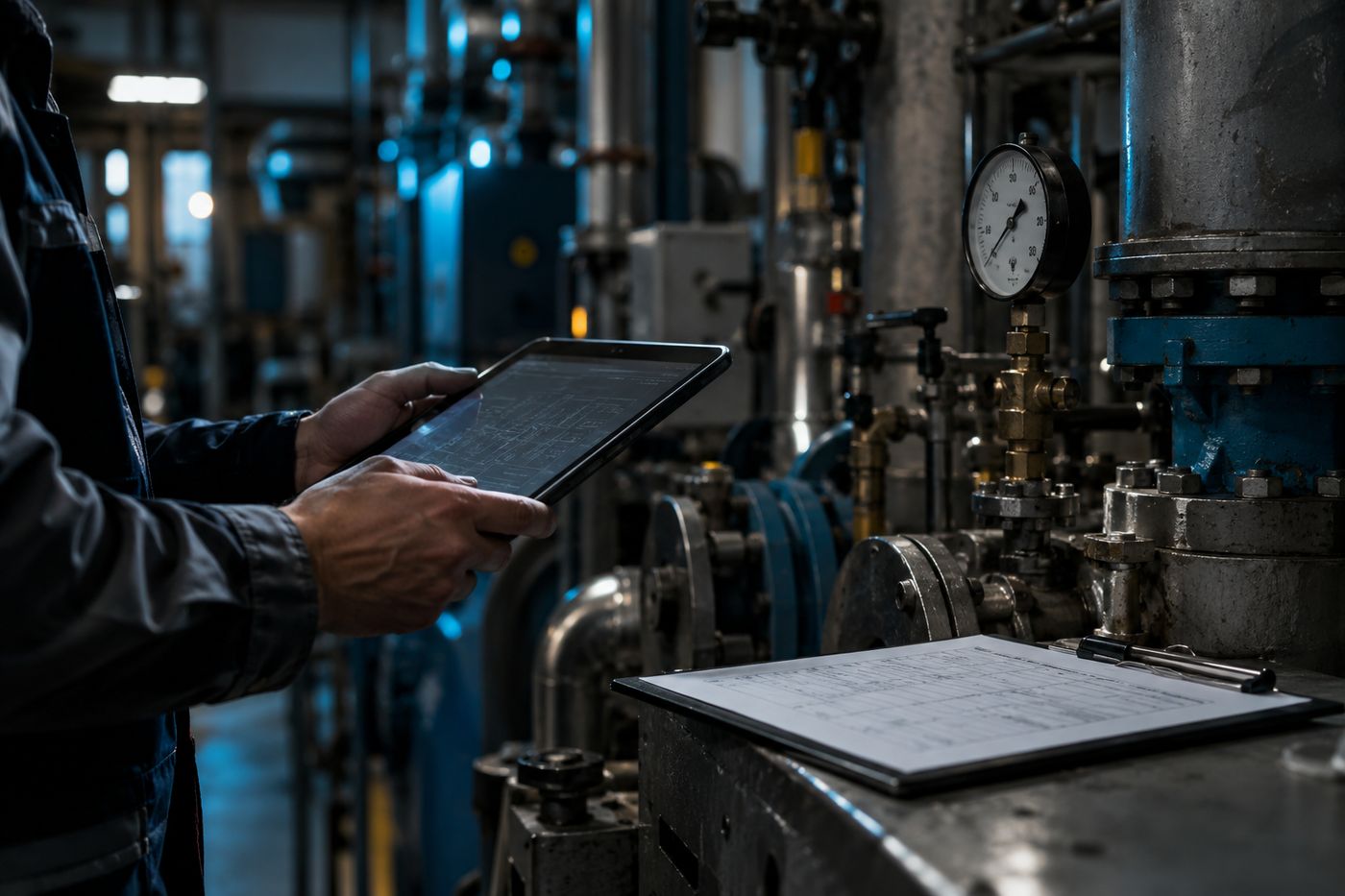 Techniker mit Tablet an einer Industrieanlage, daneben ein Prüfbericht